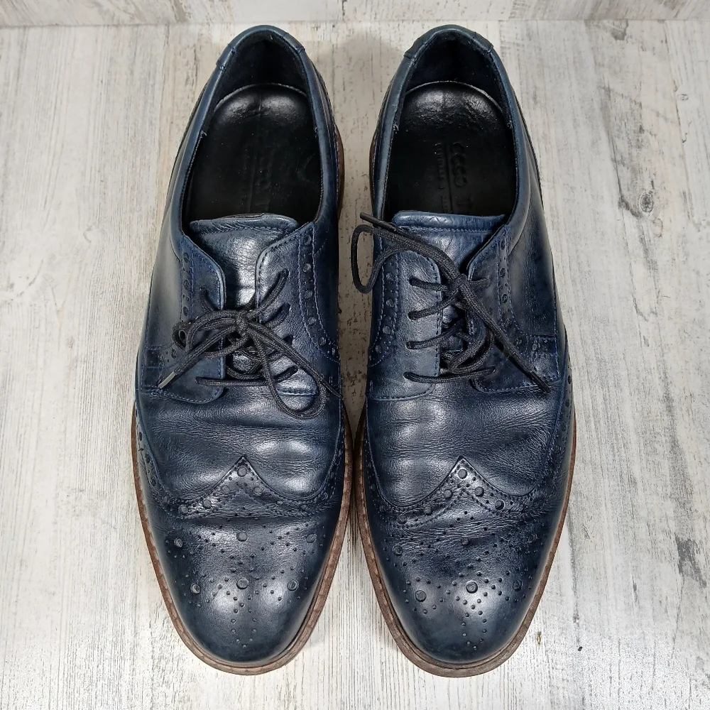 Ecco Shoes‎ Men's 9 Navy Blue Leather Wingtip Oxford Dress Brogue Detail